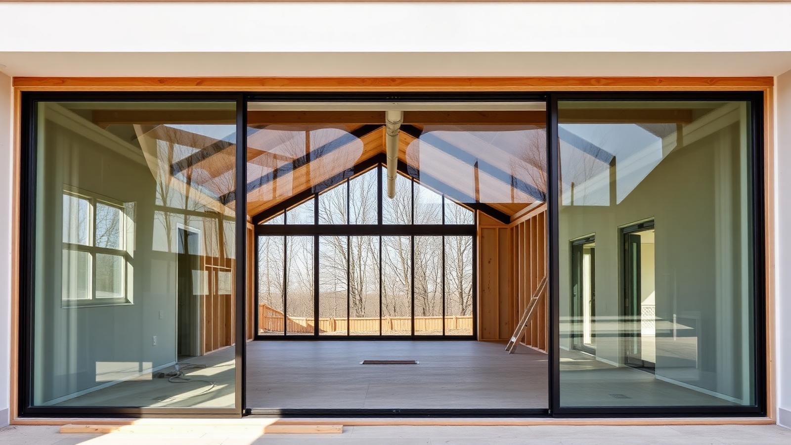 Large multi-slide glass wall opening in a home under construction with a beam header above
