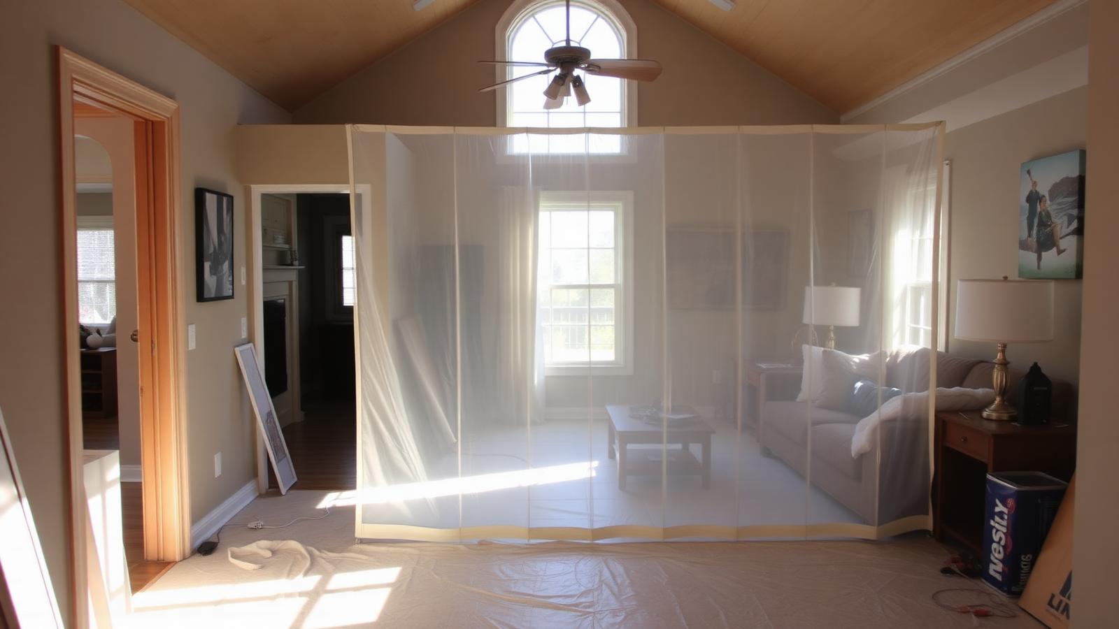 Dust barrier and floor protection separating a finished living room from a construction area