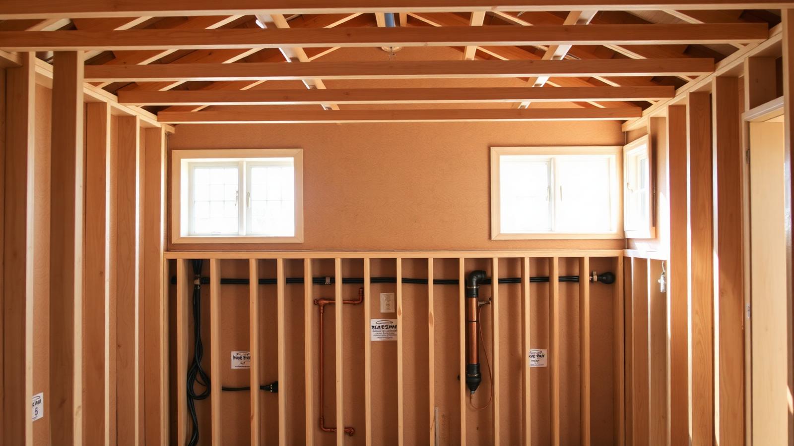 Framed addition interior with open stud walls, wiring, and plumbing before insulation