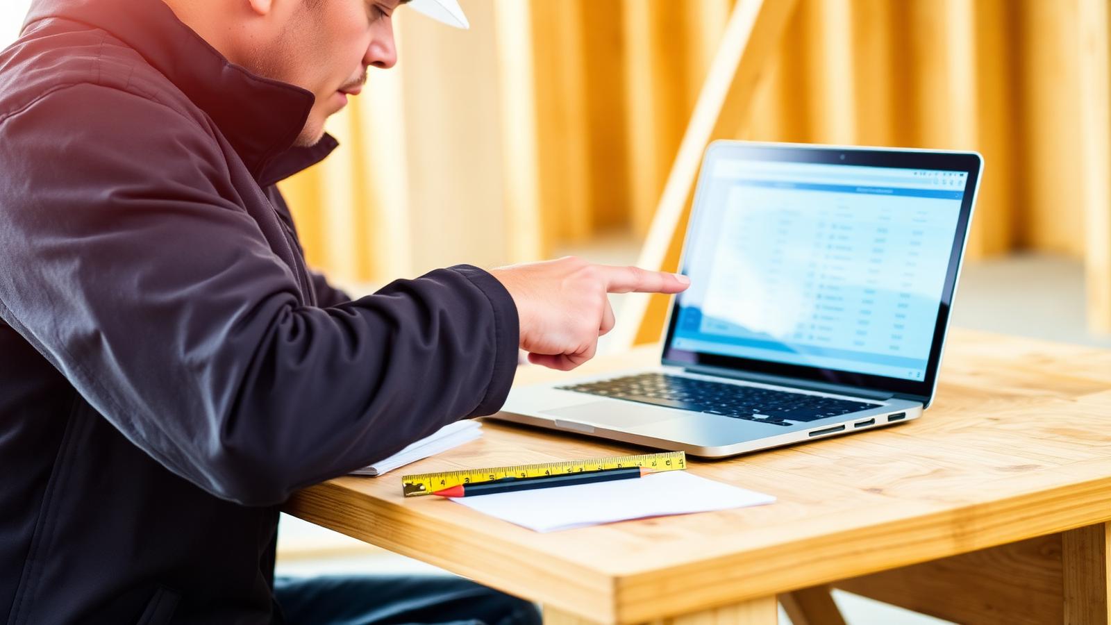 Contractor reviewing a construction cost schedule on a laptop at a jobsite table