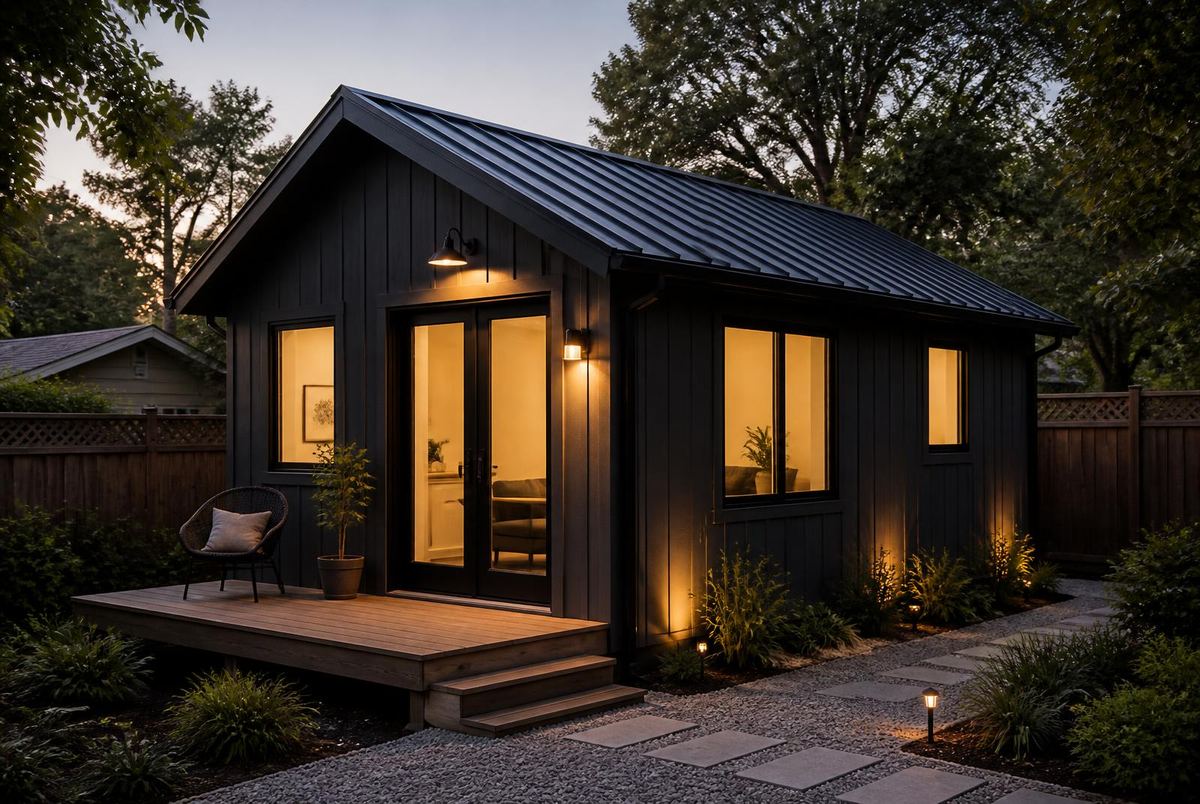 Detached 720-square-foot ADU with black vertical siding, metal gable roof, glass doors and a cedar entry deck lit at dusk