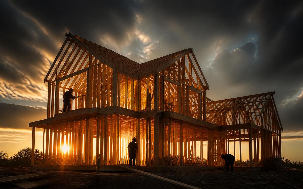 Kinland Construction crew framing a two-story home at sunset