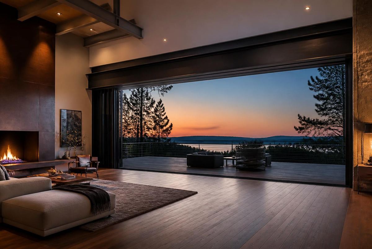 Structural retrofit carrying a 24-foot multi-slide glass wall on an exposed steel beam, open to a deck above the water at sunset