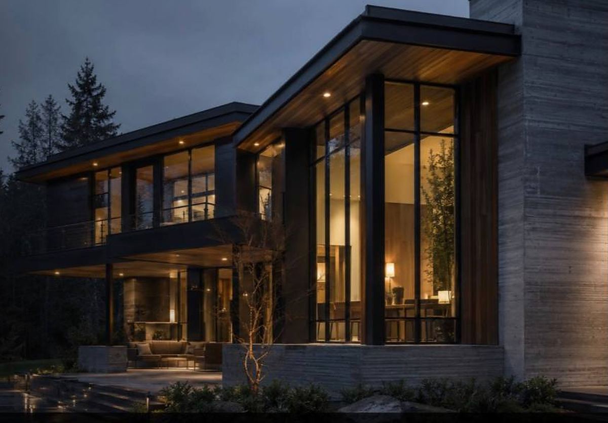 Completed Kinland remodel at dusk: a modern Pacific Northwest home with warm interior light glowing through full-height glass walls, dark exterior cladding, and a landscaped entry