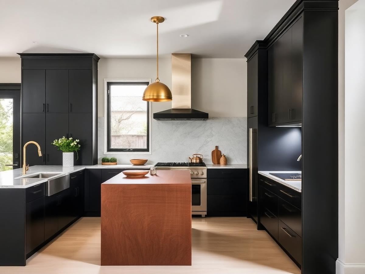 Completed kitchen remodel by Kinland Construction: matte black cabinetry, rust-red wood island, brass pendant and marble backsplash under a new structural beam