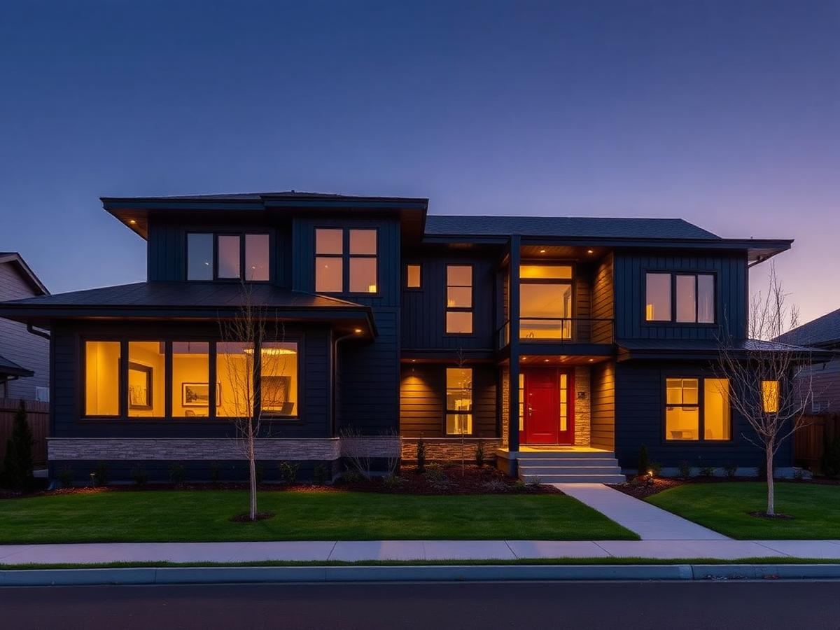 Two-story rear addition finished at dusk, its dark lap and board-and-batten siding and roofline tied into the original house